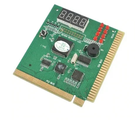 Green diagnostic computer motherboard test card with LED display and PCI gold connectors