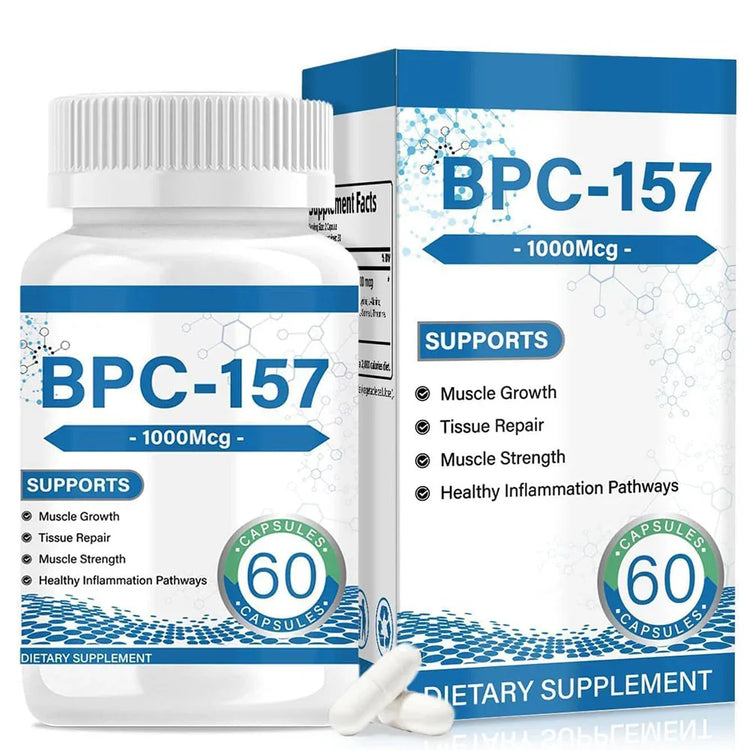 White and blue container and box of BPC-157 1000mcg dietary supplement capsules.