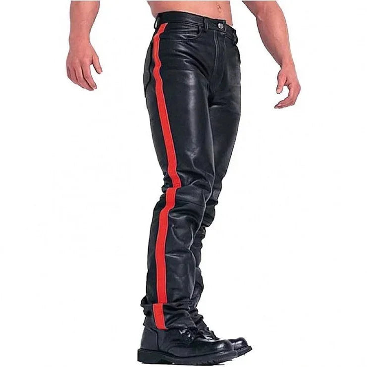 Black leather slim fit pants with red side stripe, paired with black boots