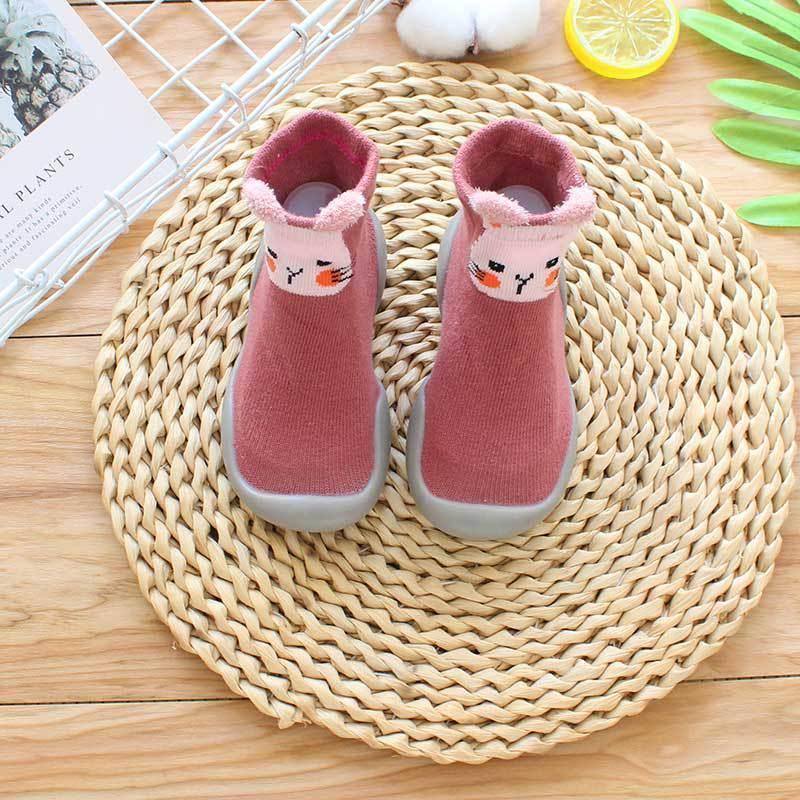 Pink knit sock shoes for kids with cat face design, slip-on, rubber sole, cozy fit
