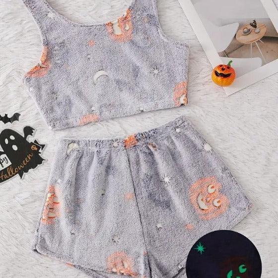 Soft gray fleece tank and shorts pajama set with orange pumpkin and moon print, relaxed fit