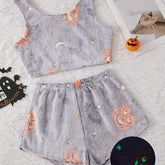 Soft gray fleece tank and shorts pajama set with orange pumpkin and moon print, relaxed fit