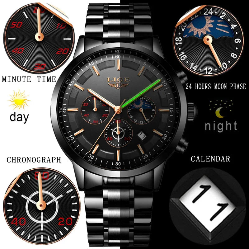 Black stainless steel chronograph watch with moon phase, calendar, and multiple dials.