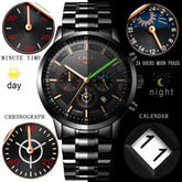 Black stainless steel chronograph watch with moon phase, calendar, and multiple dials.