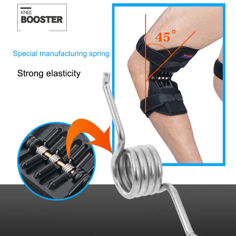 Black adjustable knee support brace with spring mechanism for joint support and strong elasticity