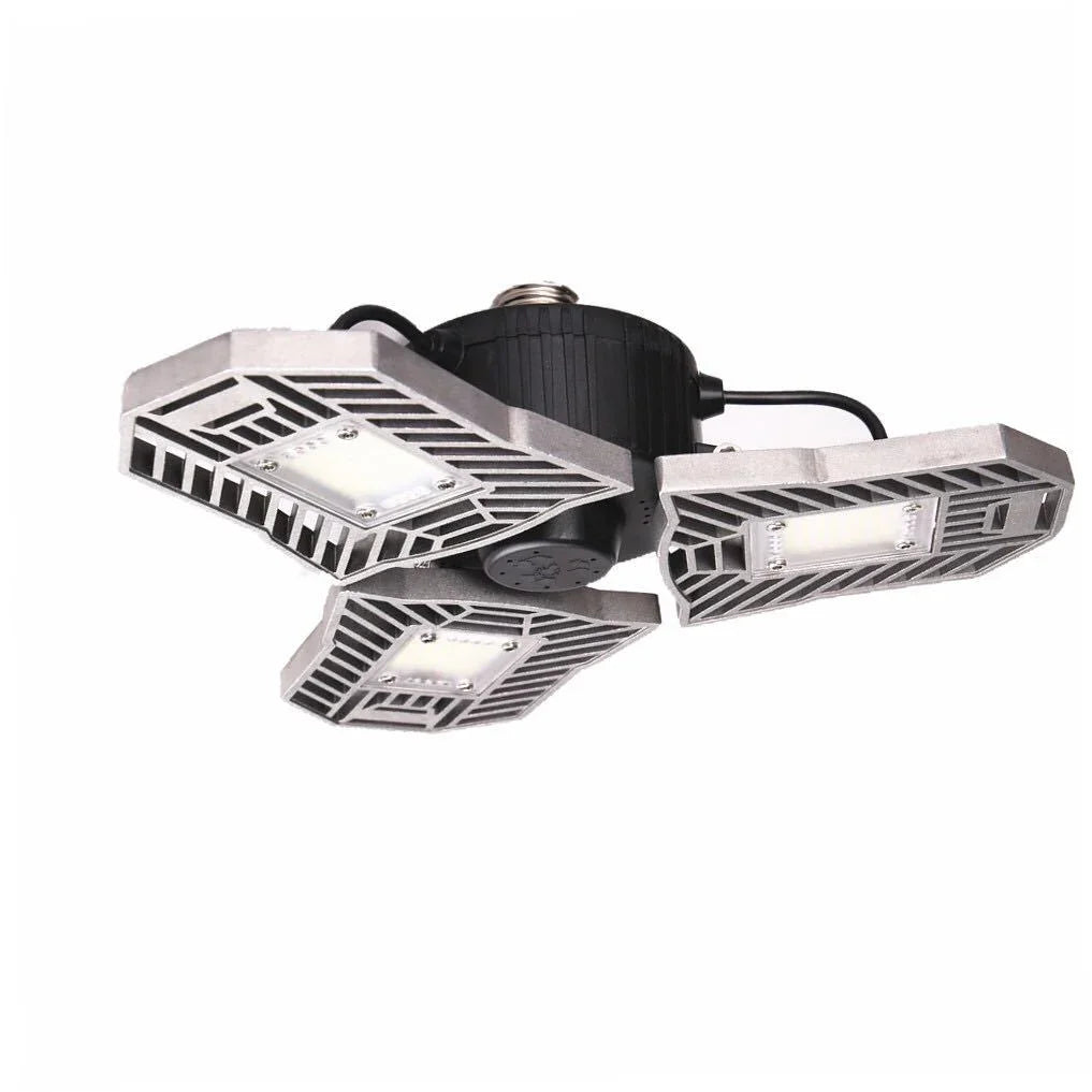 Adjustable three-panel LED ceiling light with silver metal design, modern industrial style