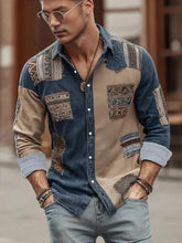 Men’s patchwork shirt in blue and beige denim with ethnic patterns, relaxed streetwear fit
