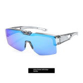 Futuristic sunglasses with transparent gray frame and oversized blue mirrored lenses