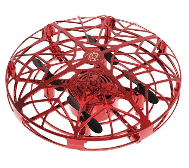 Red futuristic mini drone with protective cage and black propellers, tech gadget
