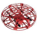Red futuristic mini drone with protective cage and black propellers, tech gadget