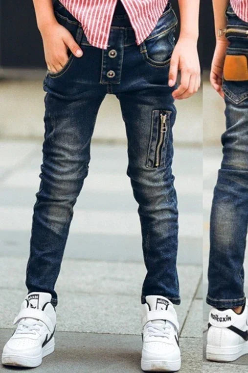 Kids slim fit dark wash jeans with front buttons and zipper pocket, casual streetwear style