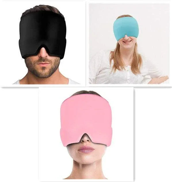 Three people wearing oversized sleep masks in black, blue, and pink, with soft fabric and full coverage design.