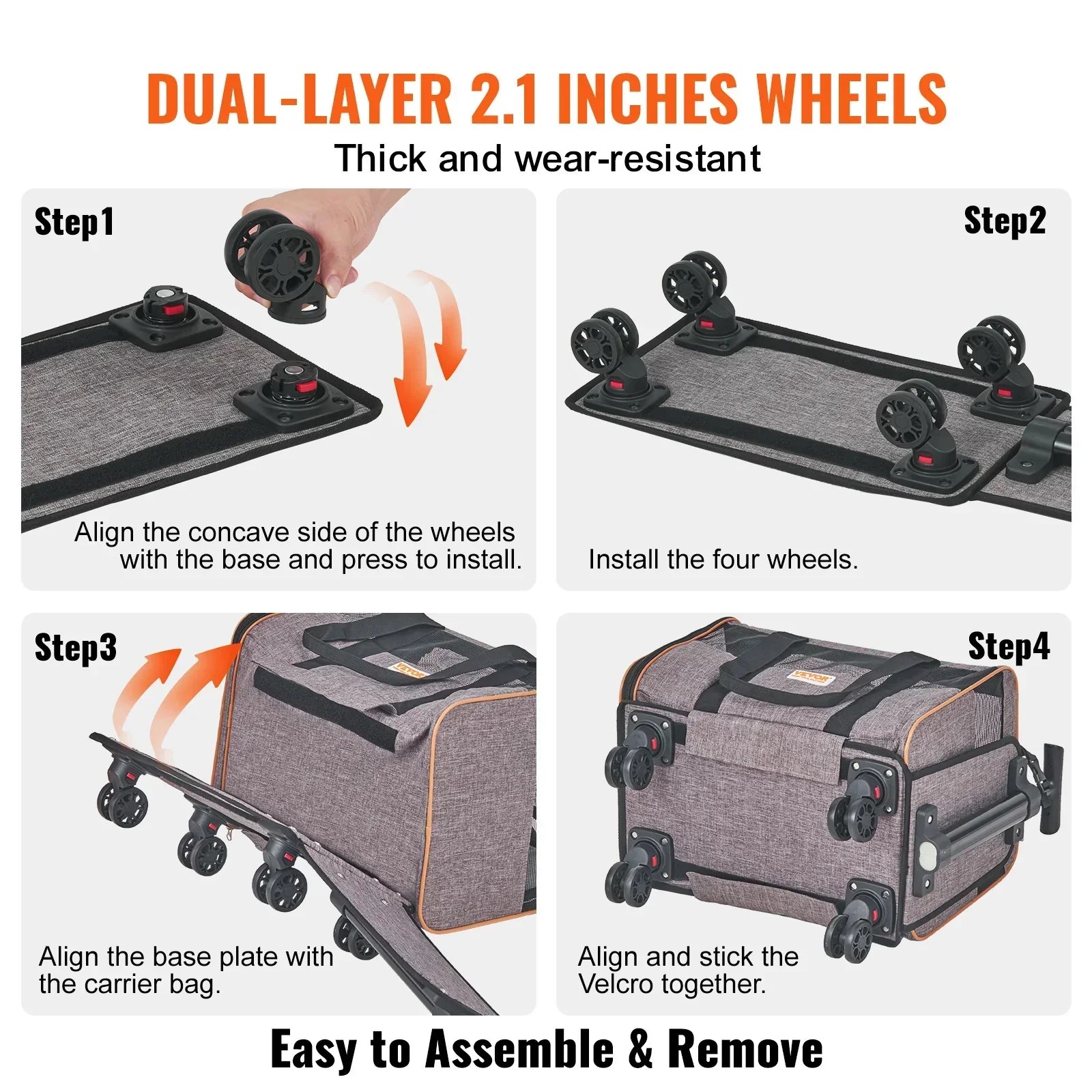 Step-by-step guide showing how to attach dual-layer wheels to a gray fabric travel carrier using a base plate and Velcro.