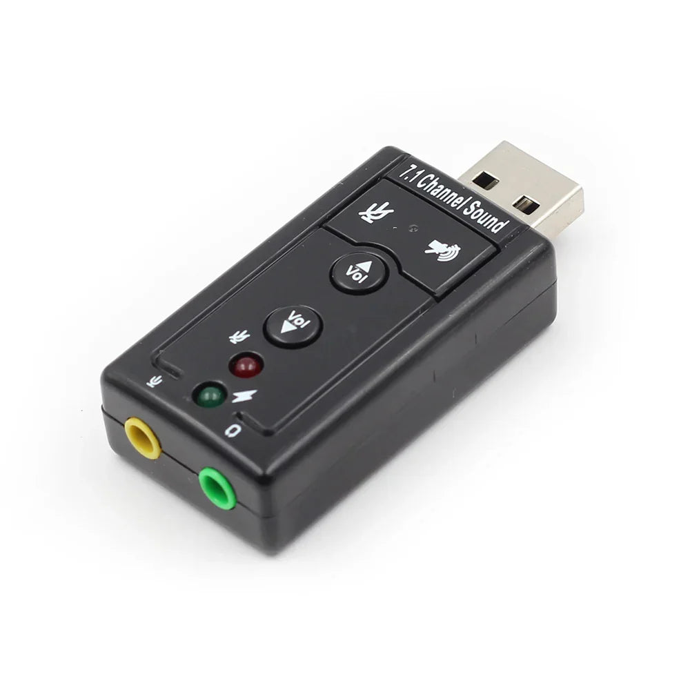 Black USB sound card with volume and mute buttons, 3.5mm audio ports, compact design