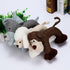 Three soft plush animal toys in brown, cream, and gray woven fabric on a white surface.