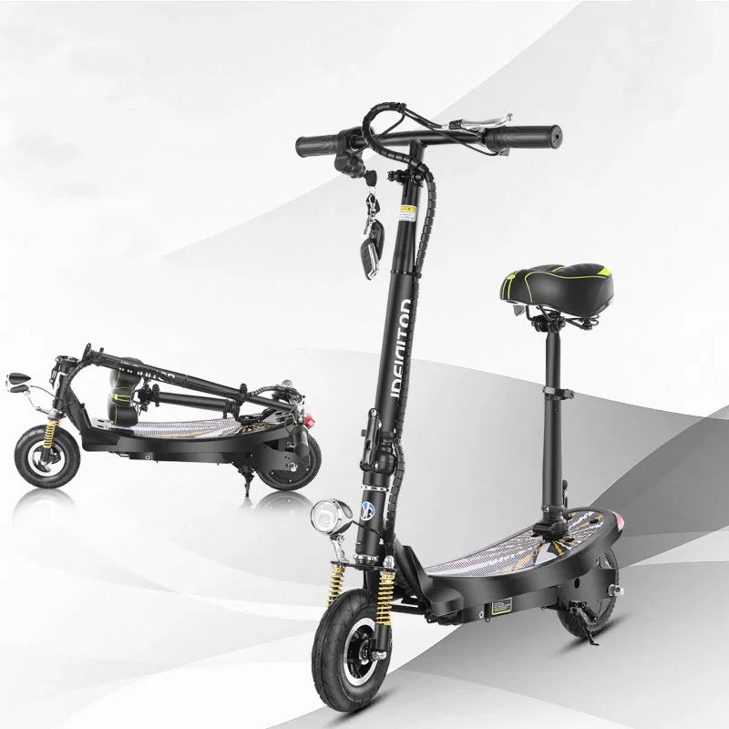 Black foldable electric scooter with padded seat, suspension, and LED headlight