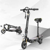 Black foldable electric scooter with padded seat, suspension, and LED headlight
