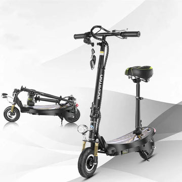 Black foldable electric scooter with padded seat, suspension, and LED headlight