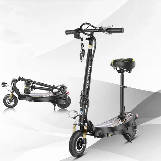 Black foldable electric scooter with padded seat, suspension, and LED headlight