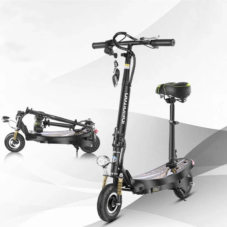 Black foldable electric scooter with padded seat, suspension, and LED headlight