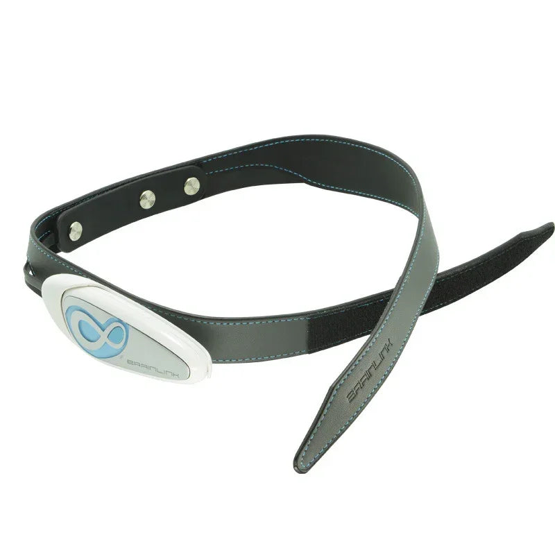 Futuristic grey headband with blue stitching, adjustable closure, and tech accessory design