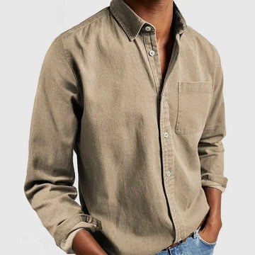 Men's casual beige button-up shirt, cotton material, relaxed fit, long sleeves, chest pocket