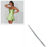 Woman in light green satin mini dress with flared skirt and thin straps, paired with a silver rhinestone bracelet.