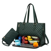 Quilted dark green tote bag with insulated food storage compartment, matching pouch, and gold accents
