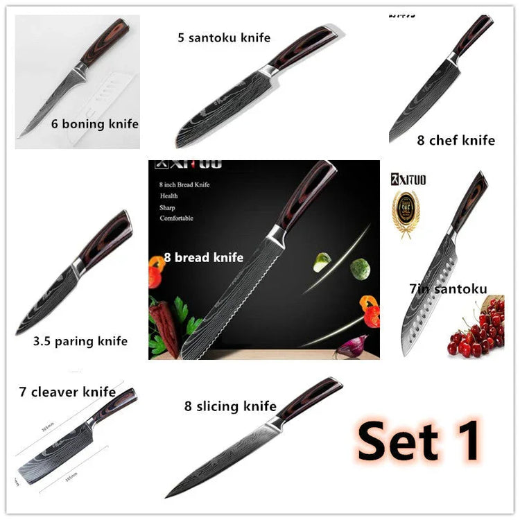Knife set with dark wood handles, featuring chef, santoku, bread, boning, paring, slicing, and cleaver knives.