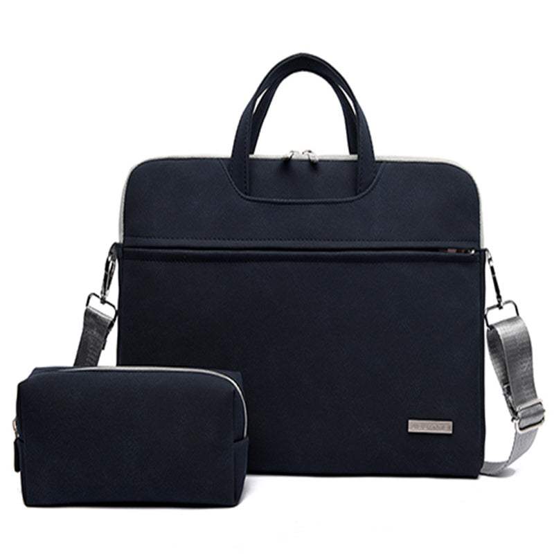 Black PU leather women laptop bag with removable shoulder strap and matching small pouch for notebooks up to 15.6 inch