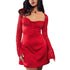 Red lace long sleeve mini dress with fitted bodice and flared skirt, satin finish