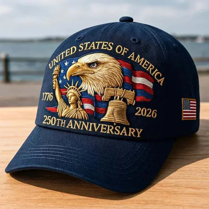 Navy blue embroidered baseball cap with USA flag, eagle, Statue of Liberty, Liberty Bell, 250th Anniversary design
