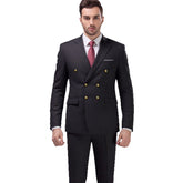 Man wearing a slim-fit black double-breasted suit with gold buttons and red tie