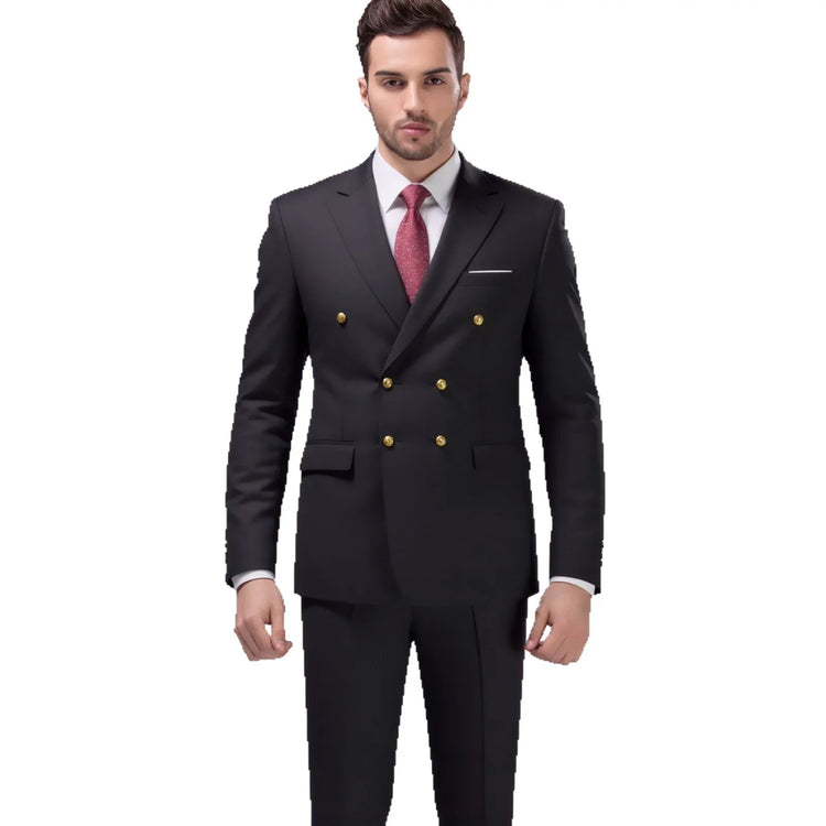Man wearing a slim-fit black double-breasted suit with gold buttons and red tie