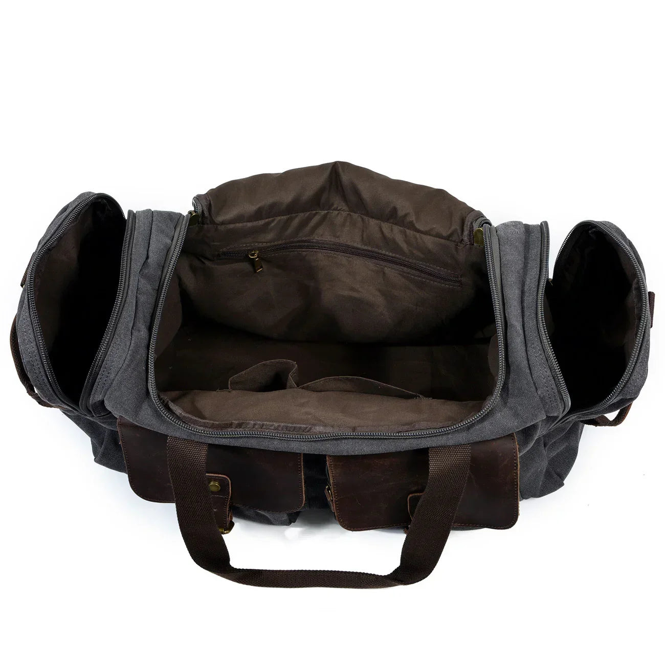 Open duffel bag in dark gray canvas with brown leather accents and multiple zip compartments