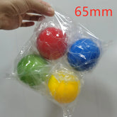 Four plastic balls in red, blue, green, and yellow, 65mm, in transparent packaging