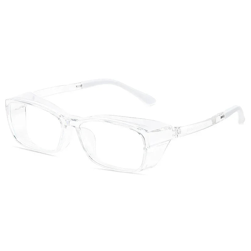Clear rectangular eyeglasses with thick transparent plastic frame and modern style