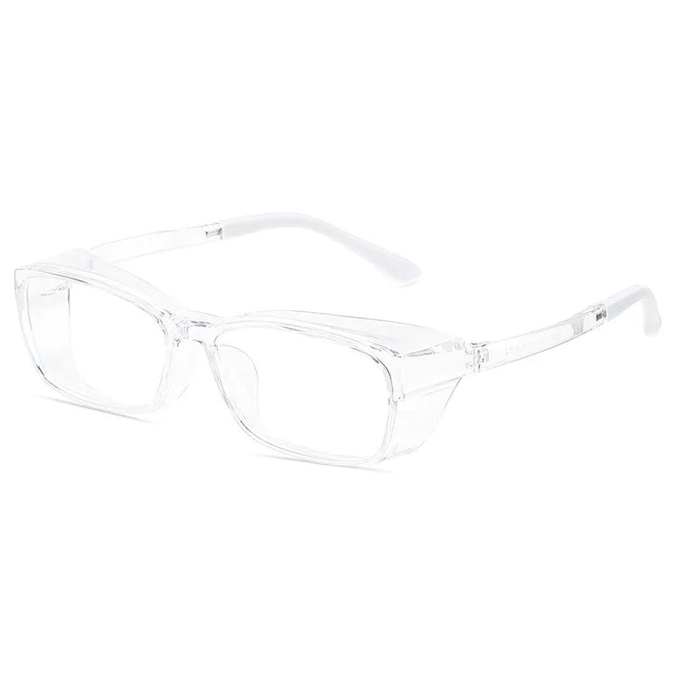Clear rectangular eyeglasses with thick transparent plastic frame and modern style