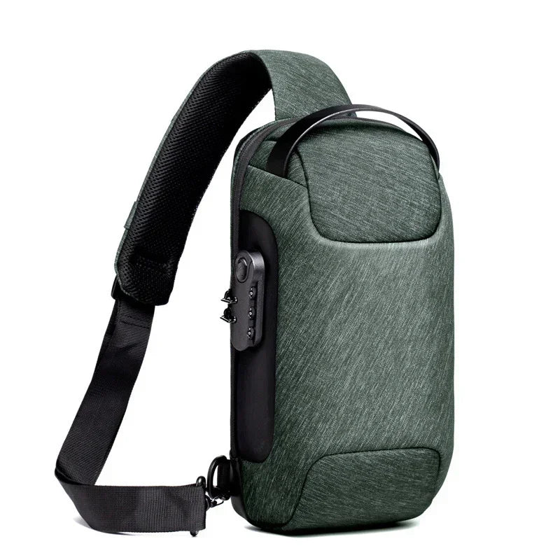 Green crossbody sling bag with adjustable strap, anti-theft lock, water-resistant fabric
