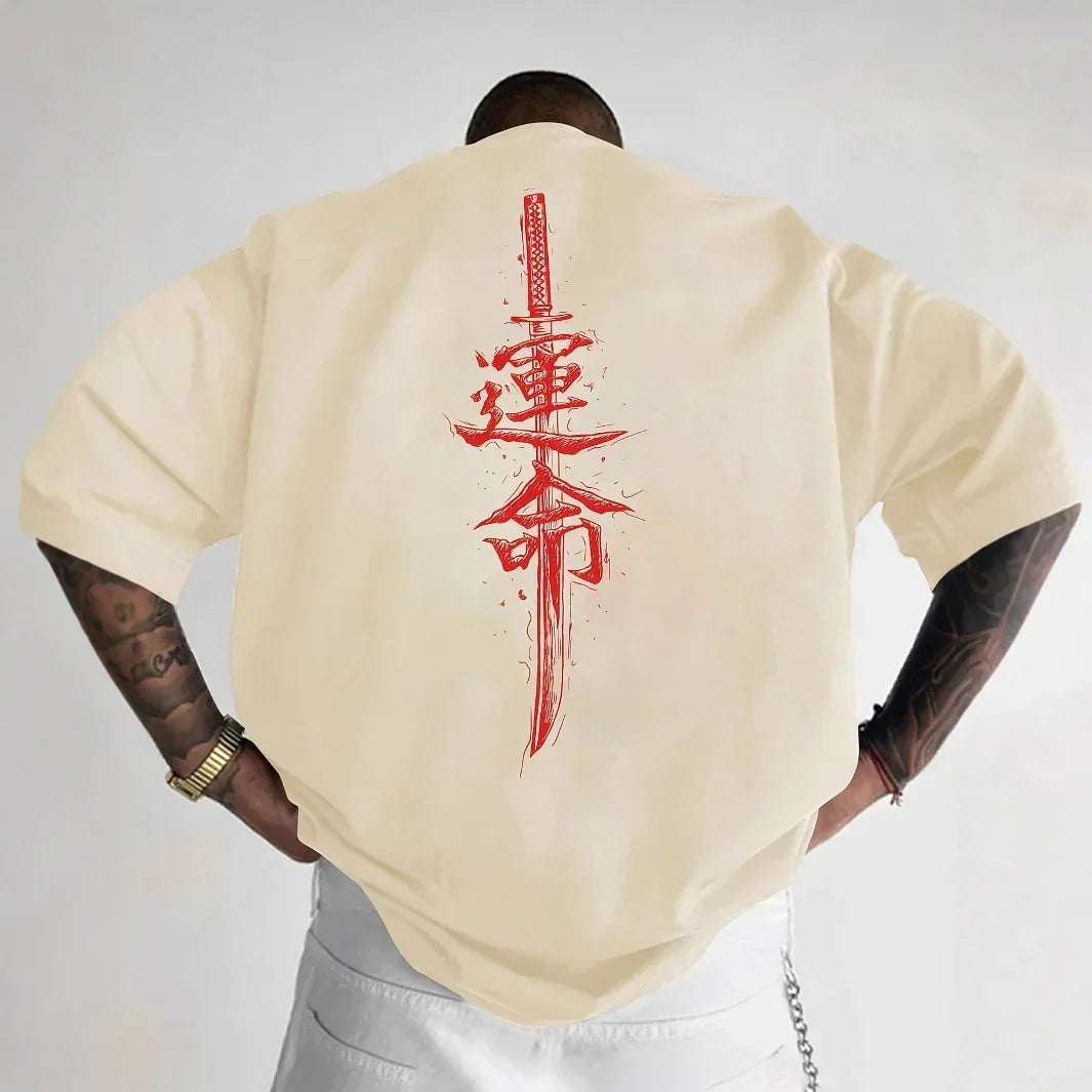 Oversized beige t-shirt with bold red sword and Asian script graphic on the back, streetwear style