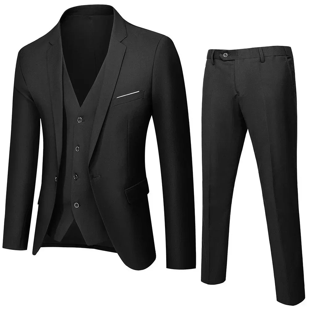 Men’s slim fit black three-piece suit with blazer, vest, and trousers, modern formal style