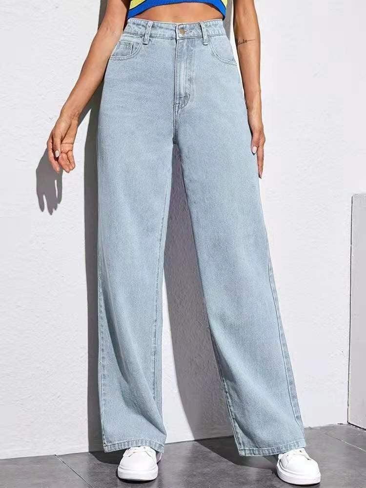 Light blue high-waisted wide-leg jeans in relaxed fit, casual streetwear style