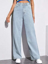 Light blue high-waisted wide-leg jeans in relaxed fit, casual streetwear style