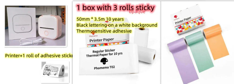 Compact white label printer with USB cable and adhesive thermal paper rolls in assorted colors.
