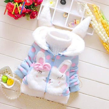 Cute pastel blue and pink polka dot fleece jacket with bunny face and ears, soft and cozy fit