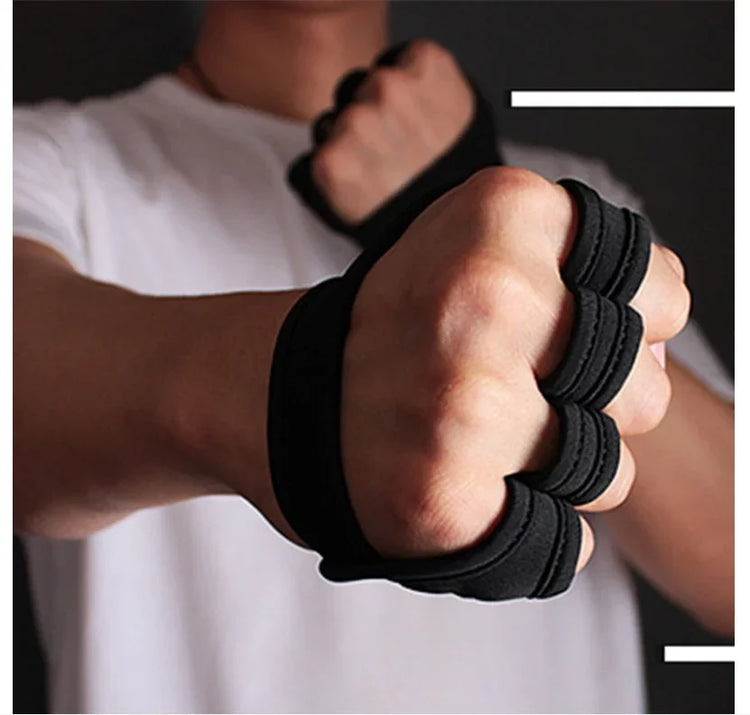 Close-up of person wearing black fingerless neoprene gloves, fitted athletic style