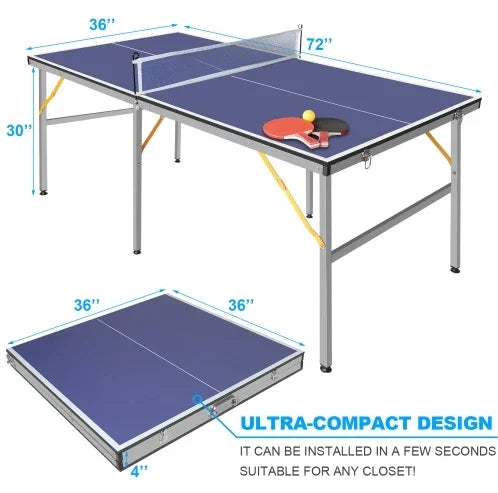 Foldable blue table tennis set with metal frame, paddles, balls, net, and compact storage.