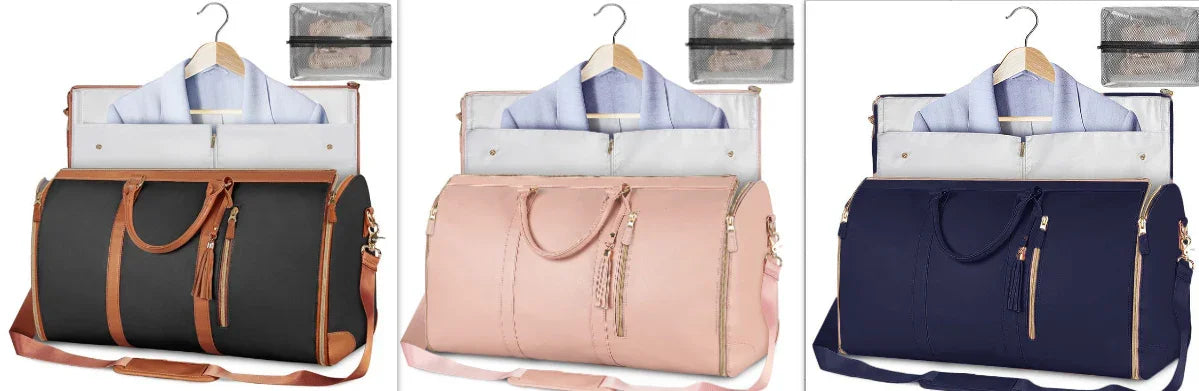 Three duffel garment bags in black, pink, and navy with leather accents, holding dress shirts.