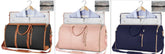Three duffel garment bags in black, pink, and navy with leather accents, holding dress shirts.