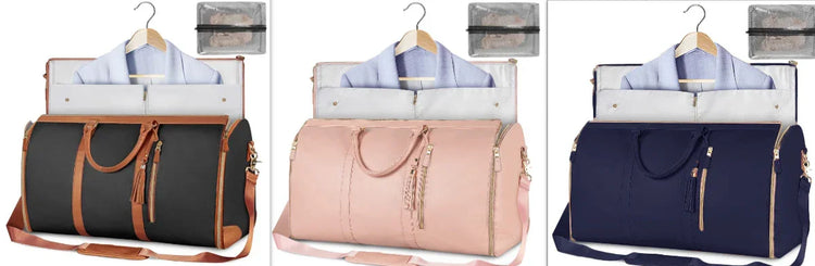 Three duffel garment bags in black, pink, and navy with leather accents, holding dress shirts.
